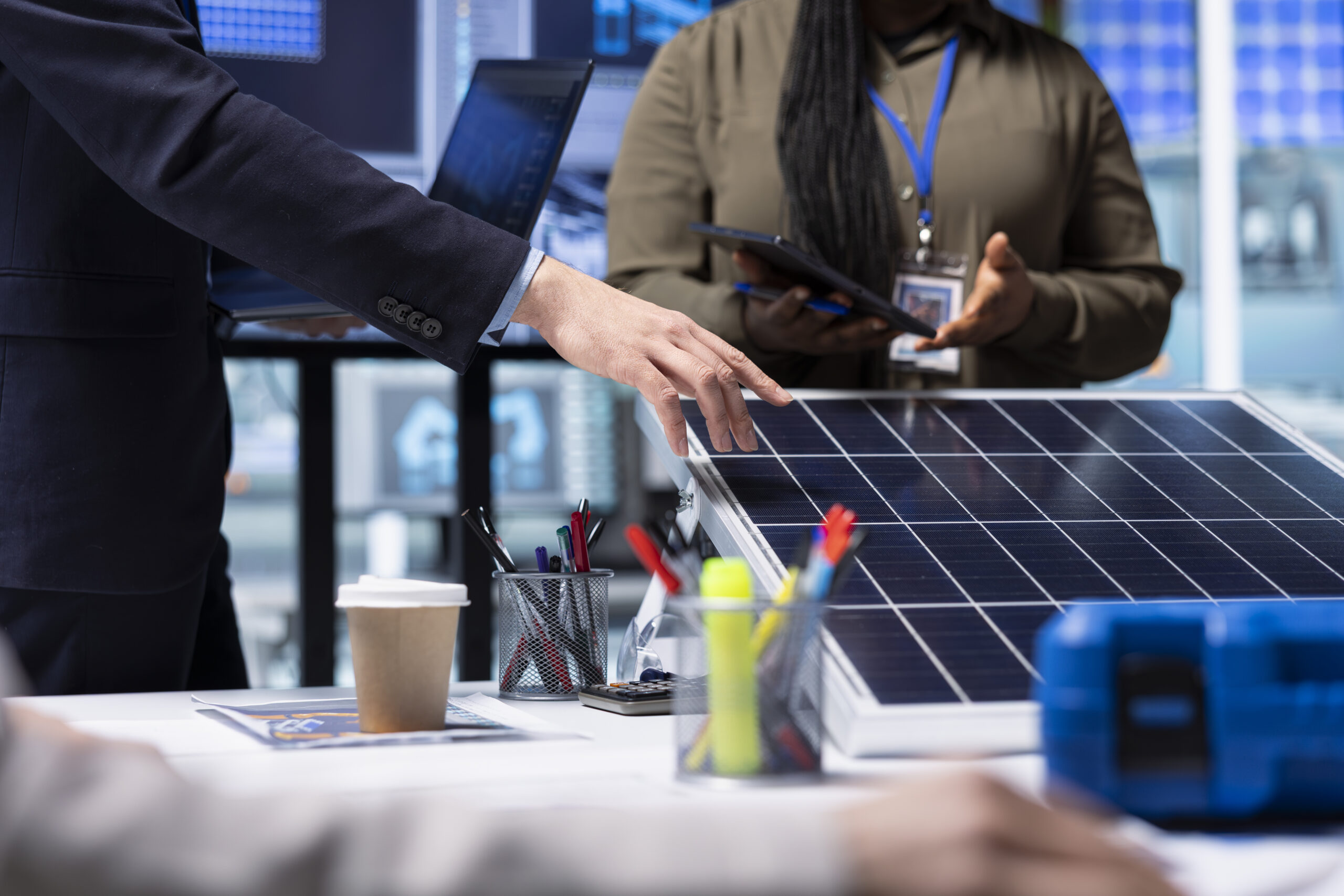 investors meet with photovoltaics factory experts review solar cell designs scaled